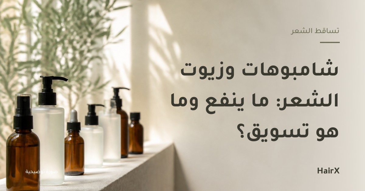 صورة توضيحية: زجاجات عنبرية ومصنفرة على رف فاتح — شامبوهات وزيوت الشعر