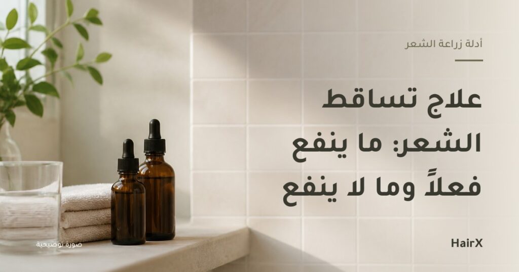 صورة توضيحية: زجاجات قطارة وكوب ماء على رف — علاج تساقط الشعر