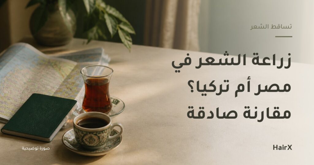 صورة توضيحية: خريطة وجواز سفر وفنجان قهوة تركية بجانب كوب شاي — زراعة الشعر في مصر أم تركيا