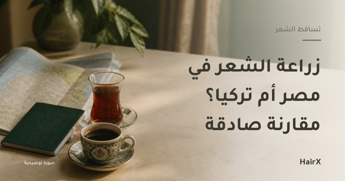 صورة توضيحية: خريطة وجواز سفر وفنجان قهوة تركية بجانب كوب شاي — زراعة الشعر في مصر أم تركيا