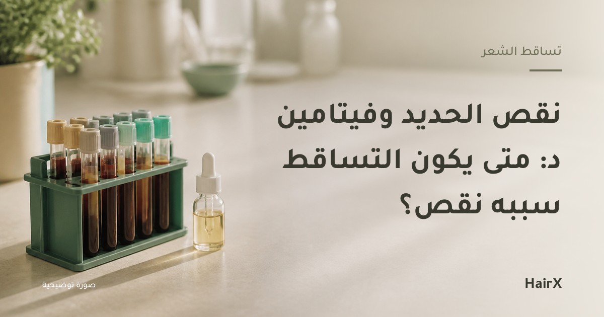 صورة توضيحية: أنابيب عينات دم وقطارة فيتامين على منضدة مختبر — نقص الحديد وفيتامين د
